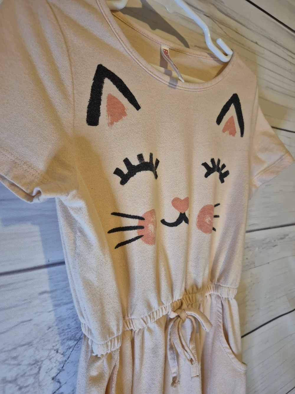fabkids Peach Cat Face Drawstring Waist Knit Dress